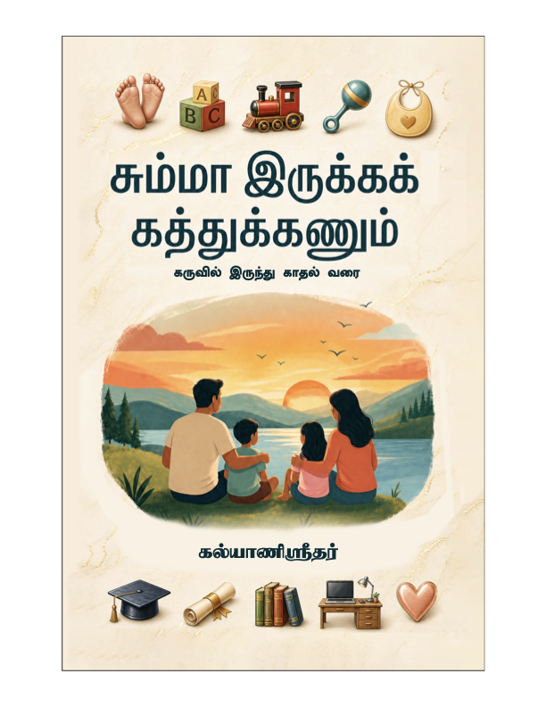 Front cover of சும்மா இருக்கக் கத்துக்கணும், showing a family looking over a sunset landscape